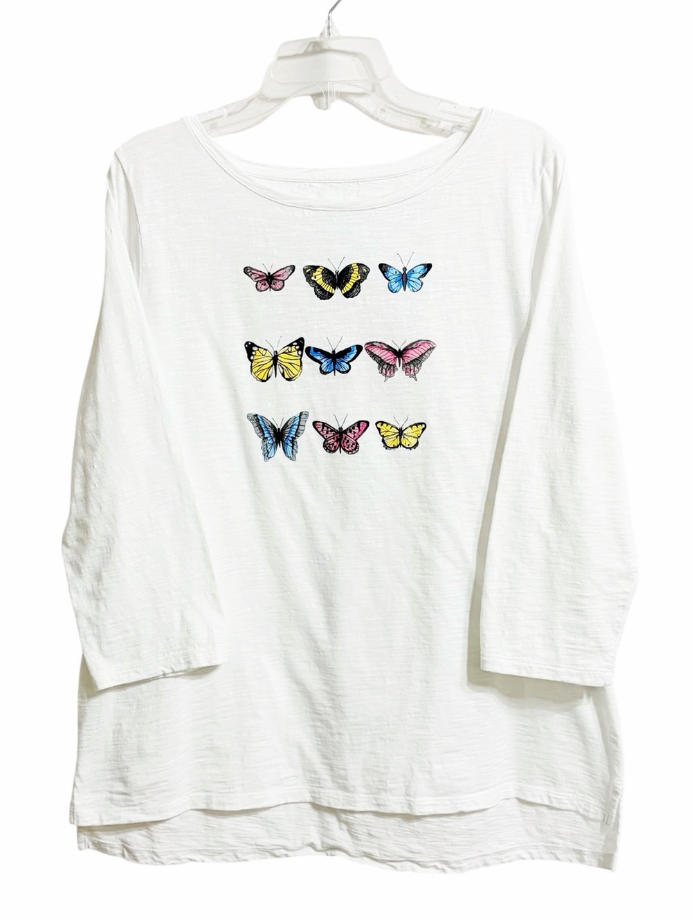 Talbots Butterfly Graphic T Shirt Womens XL White Cotton Slub Knit Bateau Neck